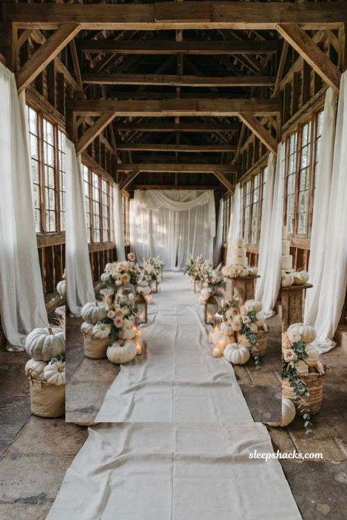 White pumpkin wedding aisle decor with elegant fall ceremony styling