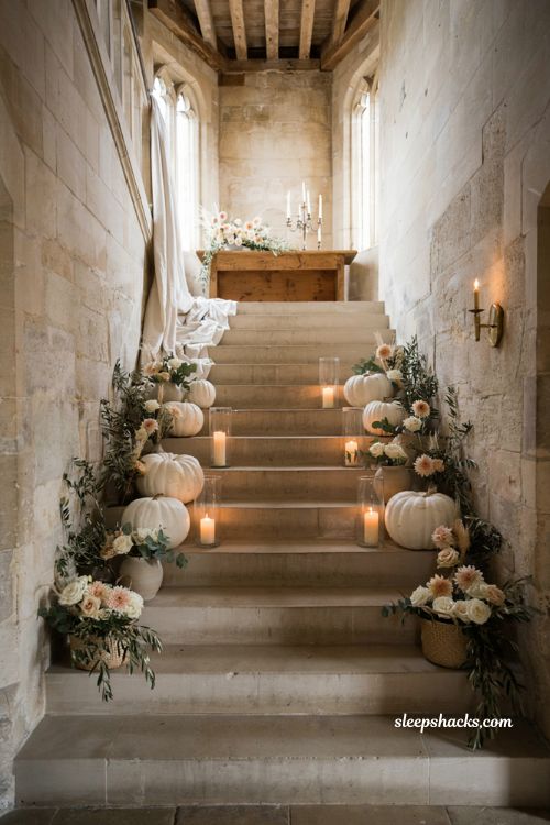White pumpkin wedding staircase decor with layered autumn candles and estate entrance styling