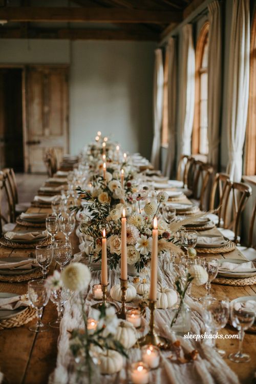 Mini white pumpkin wedding centerpiece with elegant autumn floral tablescape