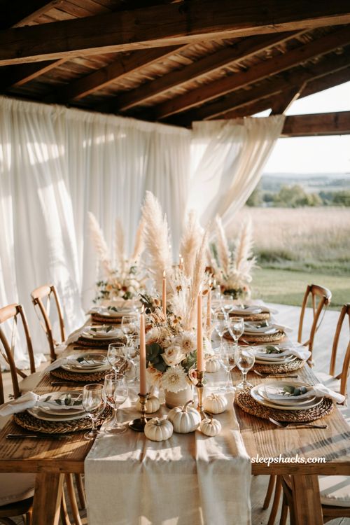 White pumpkin wedding tablescape with rustic autumn reception decor and elegant centerpiece styling