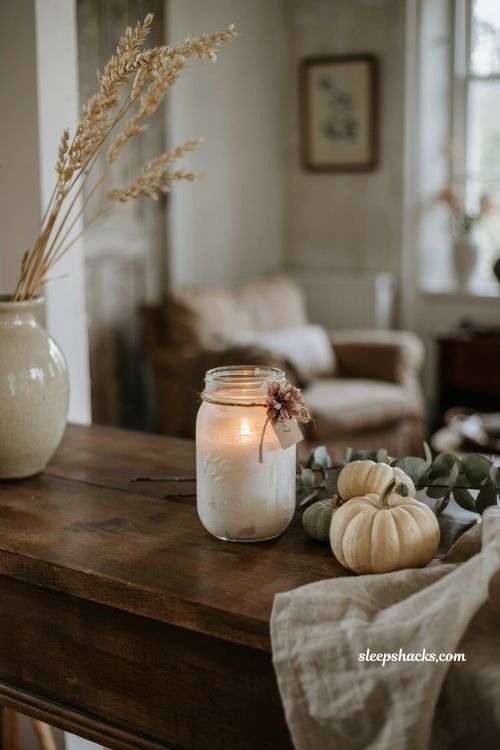 Whitewashed vintage mason jar candle with muted cottage fall decor
