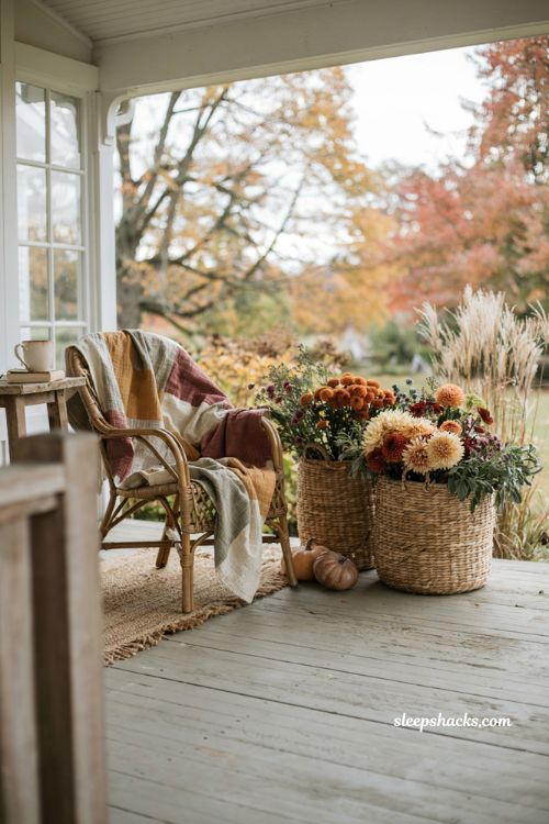 Wicker baskets with seasonal blooms for a cozy fall front porch 