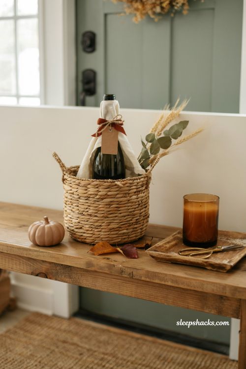 Wine boo basket ideas with simple fall gift basket and autumn decor
