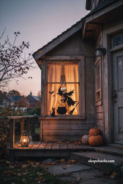 Witch and cauldron Halloween window silhouette with warm amber glow 