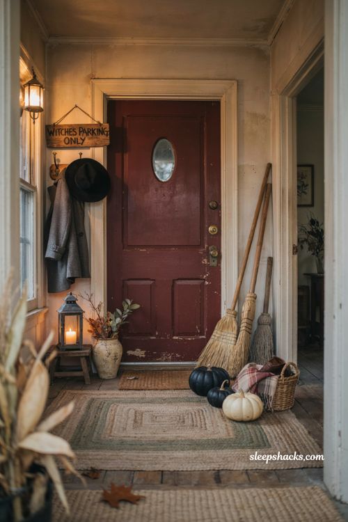 Witch broom entryway display with Halloween parking sign and cozy porch decor