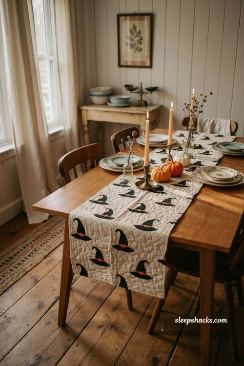Witch hat Halloween table runner with cozy cottagecore dining decor