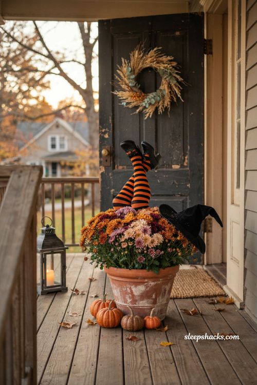 Witch legs in mums for small porch halloween decor