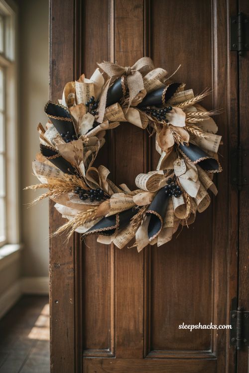 Witch's scroll wreath with aged sheet music paper black cones dried wheat and vintage Halloween decor