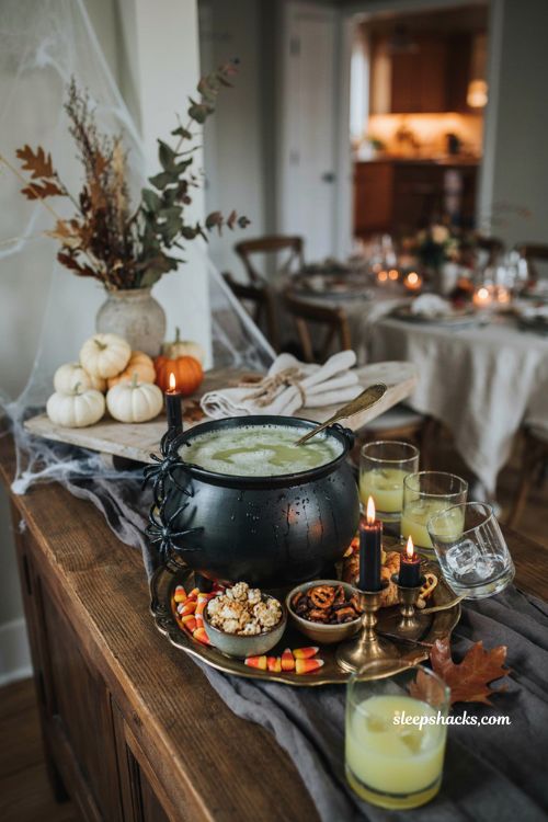 Witches brew punch station with green sherbet punch for a Halloween house party