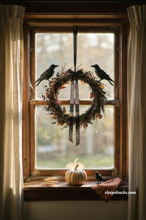 Witchy Halloween wreath centerpiece with black ribbon faux crows and cozy window decor