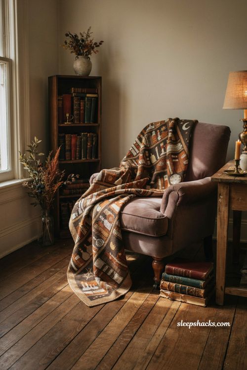 Witchy bookshelf Halloween blanket cozy reading nook decor 