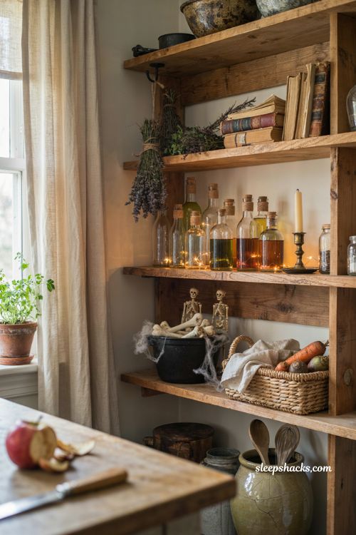Witchy bottles on open shelving for cozy farmhouse Halloween kitchen decor 