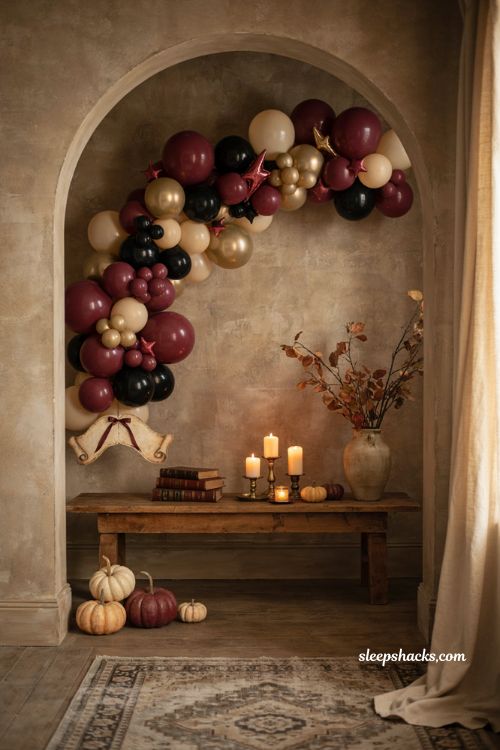 Wizard school Halloween balloon garland with maroon gold black balloons and cozy magical decor