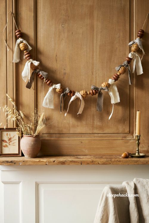 Wood bead and ribbon pumpkin garland for cozy fall decor