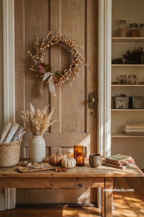 Wood bead wreath fall craft ideas for cozy autumn front door decor