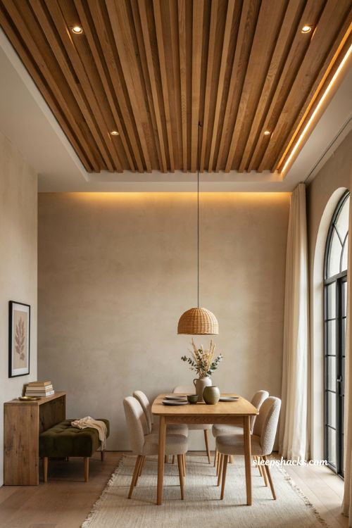 Wood slat fall ceiling accent with warm lighting and cozy modern dining hall design