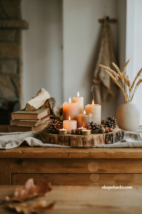 Wood slice candle base with rustic fall candles pinecones and acorns 
