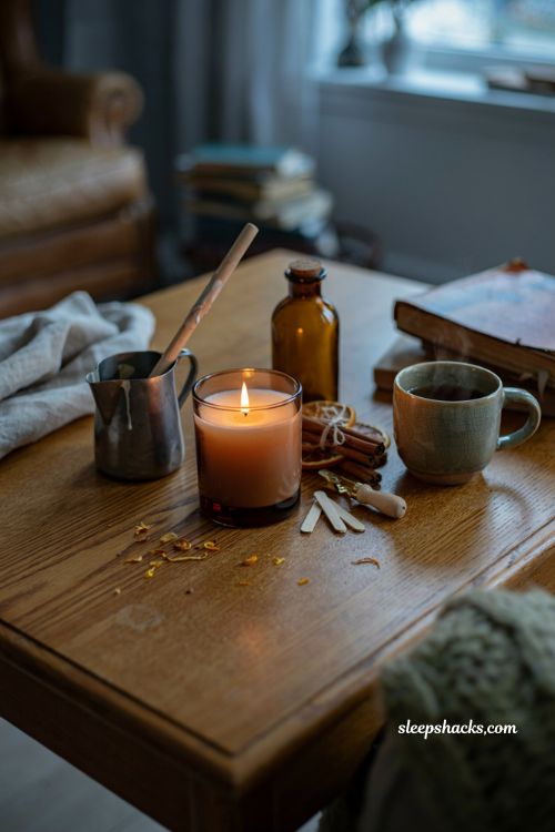 Wood wick fall candle with cozy amber jar and rustic DIY candle making decor