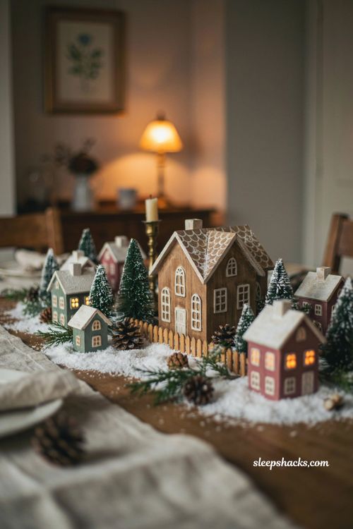 Wooden gingerbread Christmas village houses with painted icing details and snowy miniature village decor 
