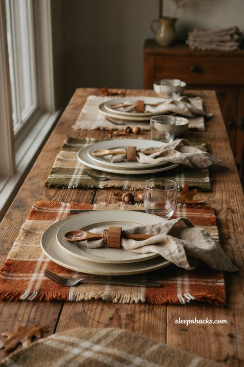 Wool blanket Thanksgiving placemat with plaid texture wooden spoon place cards nut napkin rings and rustic autumn table decor 