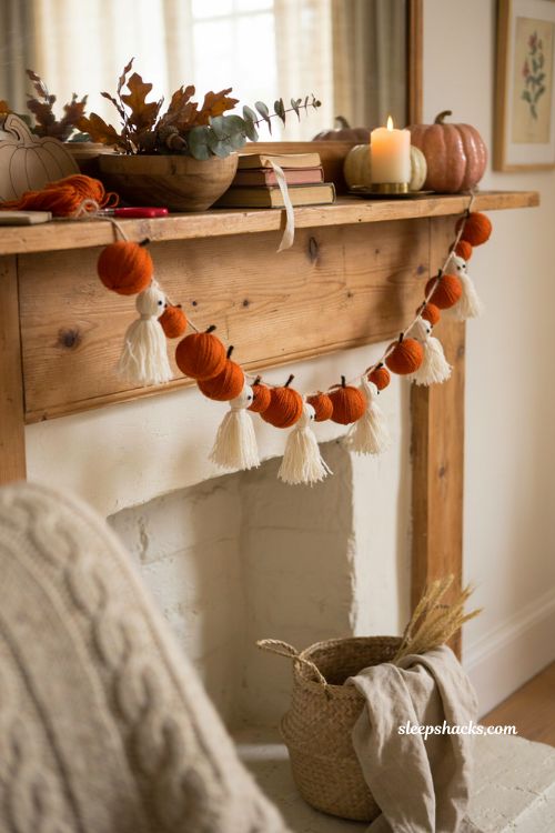 Yarn pom pom pumpkin garland DIY with orange pumpkins and ghost decorations