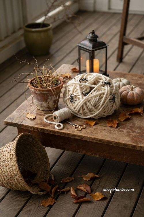 Yarn spider nest with black spiders for cozy DIY Halloween porch decor