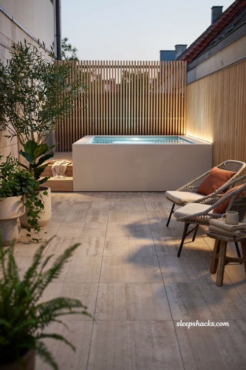above ground plunge pool ideas for small backyard decks with modern cozy outdoor design