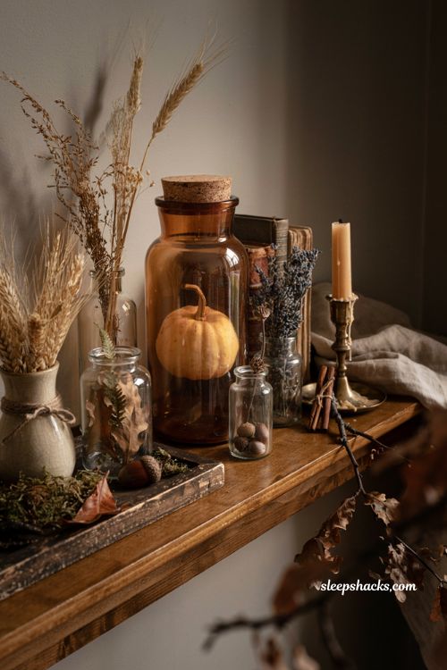 apothecary jar pumpkin fall decor vintage farmhouse shelf idea