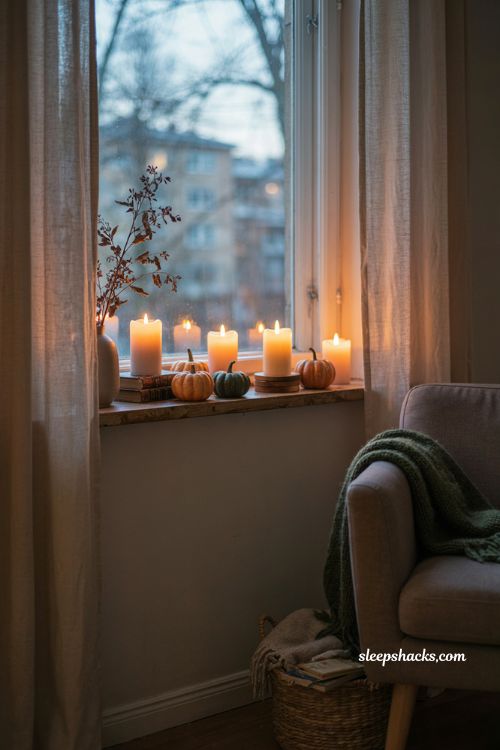 battery candle display in the window for cozy halloween apartment decor 