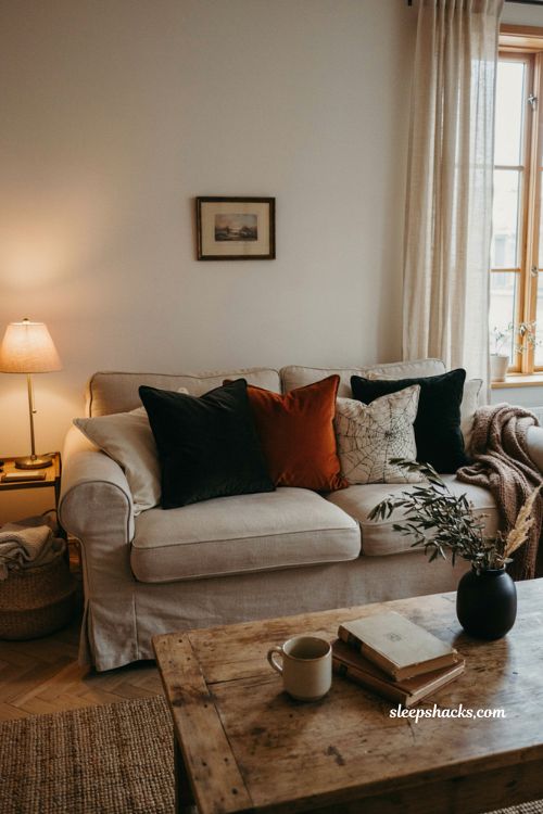black and orange throw pillow ideas for cozy halloween living room decor 