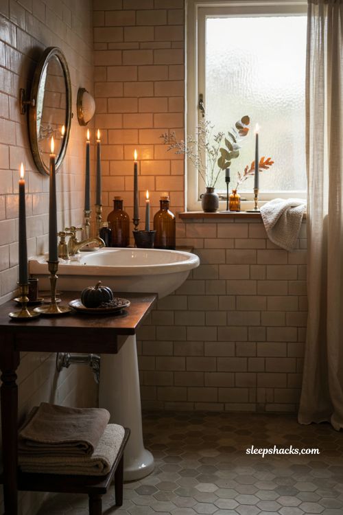 black candles for a moody witchy halloween bathroom 