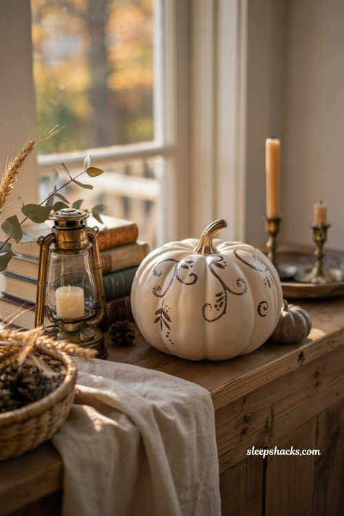black glitter decorated pumpkin for elegant no carve fall porch decor