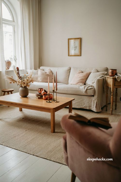 blush pink and copper fall living room decor with cream flowers and cozy elegant accents