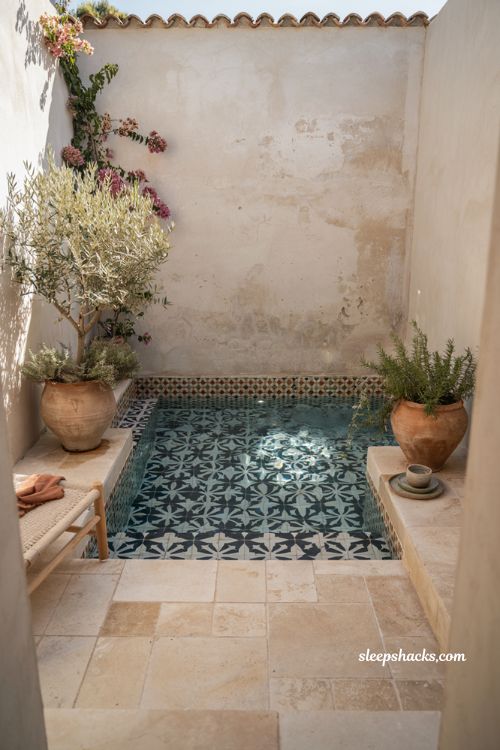 bold tiled small plunge pool ideas with patterned mosaic design and simple backyard patio