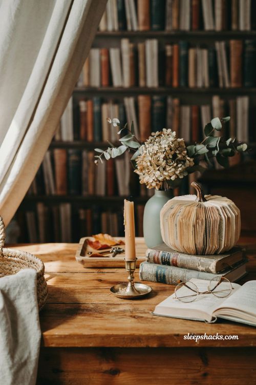 book page foam pumpkin with vintage library inspired fall decor