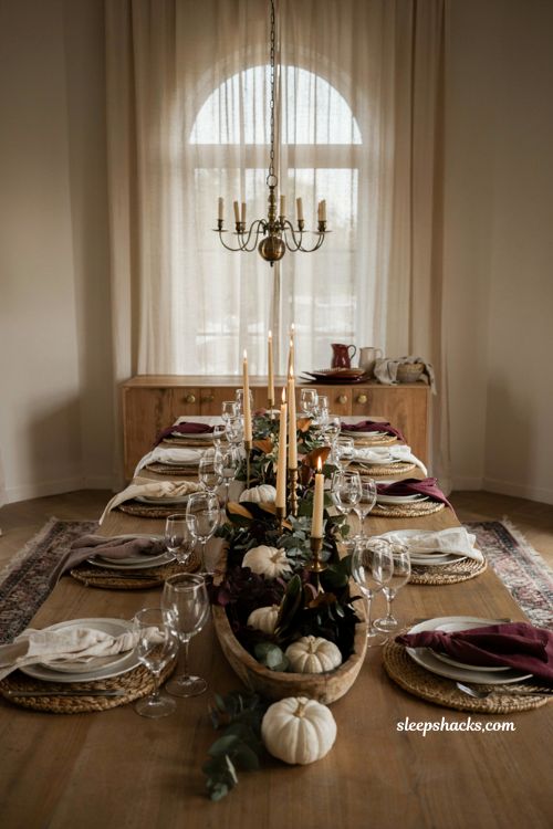 burgundy and green Thanksgiving table with white pumpkins gold candlesticks and dough bowl