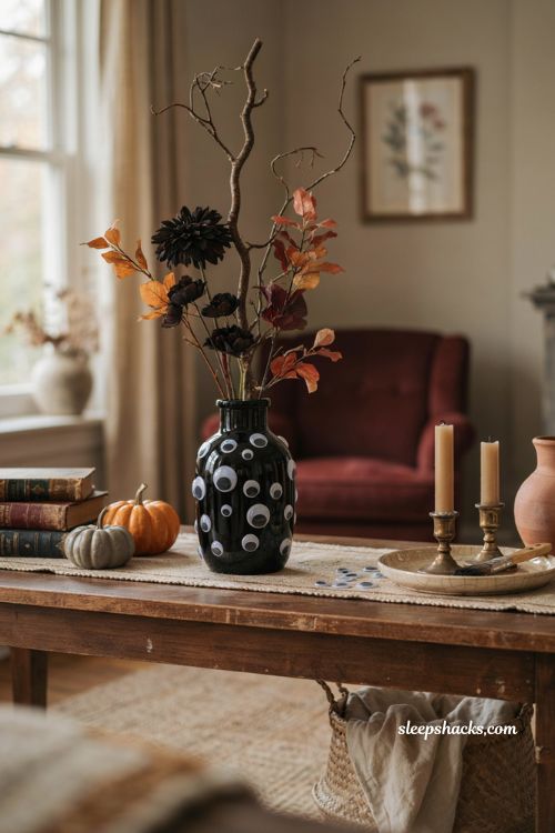 cheap diy googly eye vase with black flowers for halloween