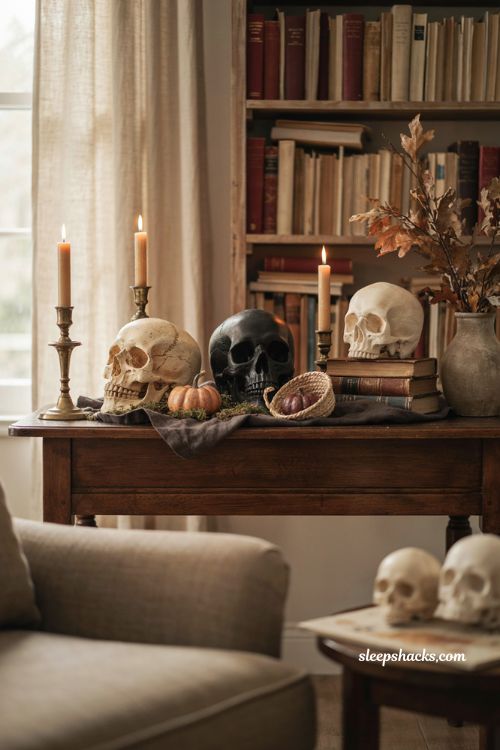 cheap diy spray painted skull decor for a spooky halloween display