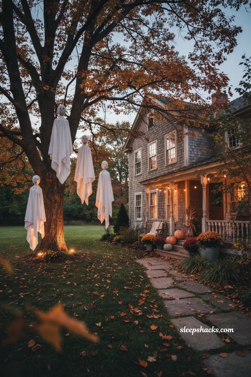 cheap diy white sheet ghosts hanging from trees for halloween
