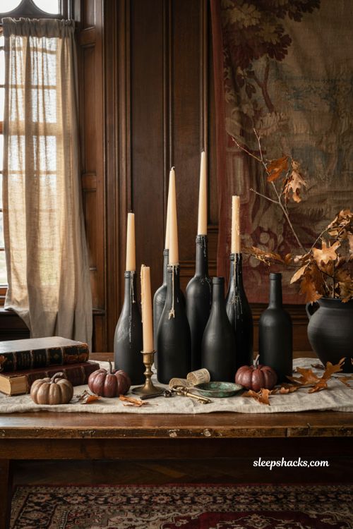 cheap diy wine bottle candle holders for gothic halloween decor