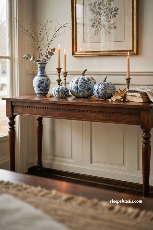 chinoiserie pumpkin decor with blue and white patterns for a classy halloween entryway