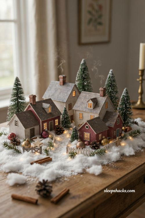 christmas village display ideas diy with cinnamon sticks and pinecones