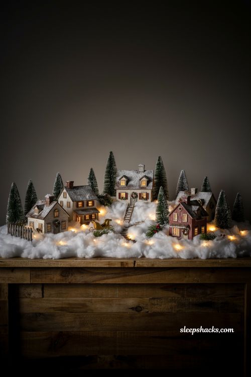 christmas village display ideas diy with fairy lights under snow