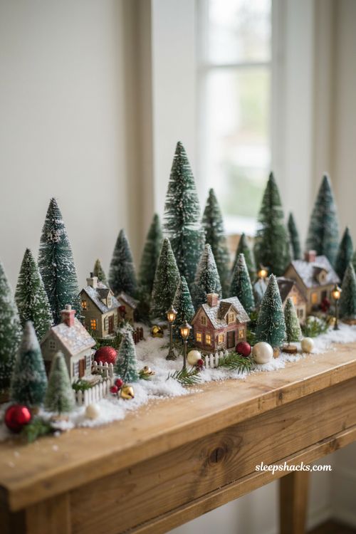christmas village display ideas diy with frosted bottle brush trees