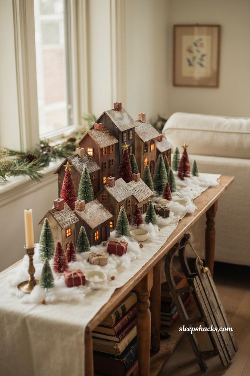 christmas village display ideas diy with hidden risers and snowy tiers
