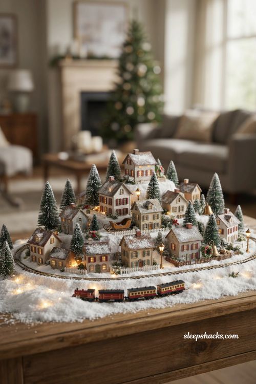 christmas village display ideas diy with miniature train loop
