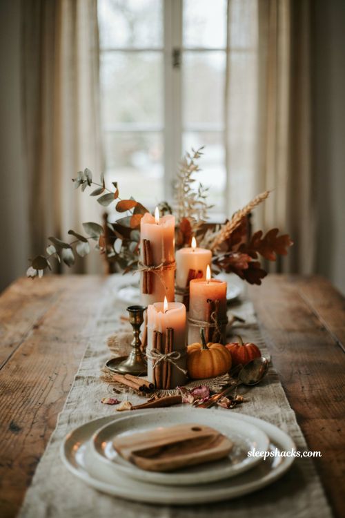 cinnamon wrapped candles with cozy fall table centerpiece ideas