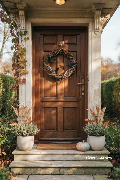 classy halloween decor with a natural twig vine and bat wreath