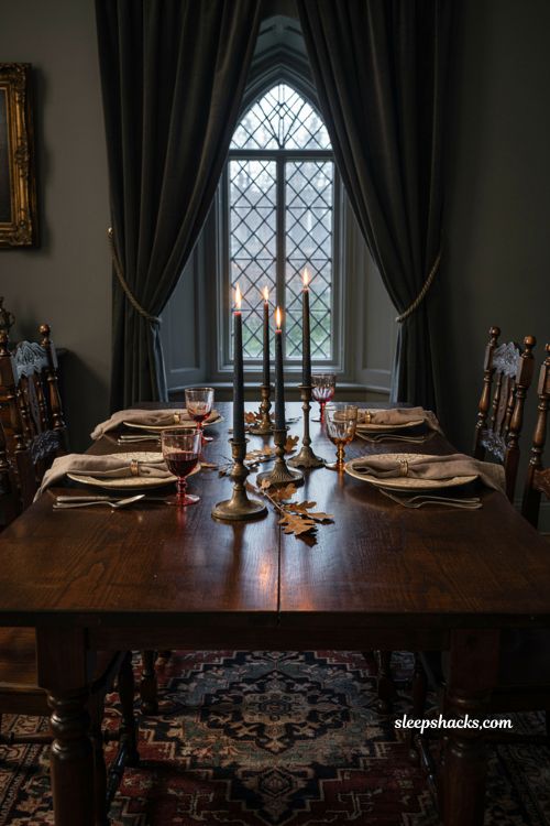 classy halloween decor with black taper candles in iron candlesticks