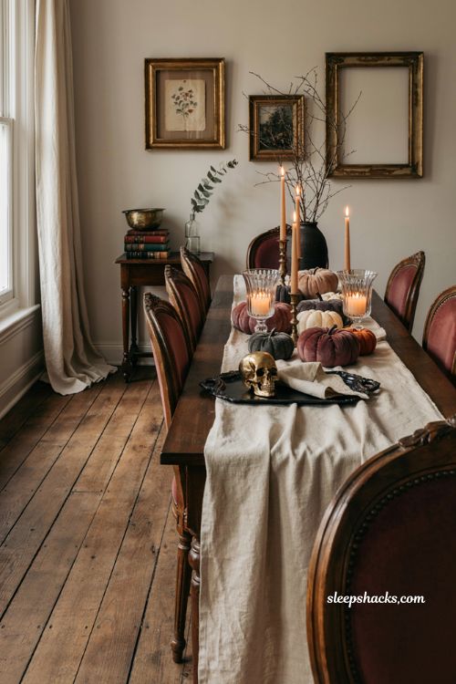 classy halloween decor with velvet pumpkins and elegant candlelight